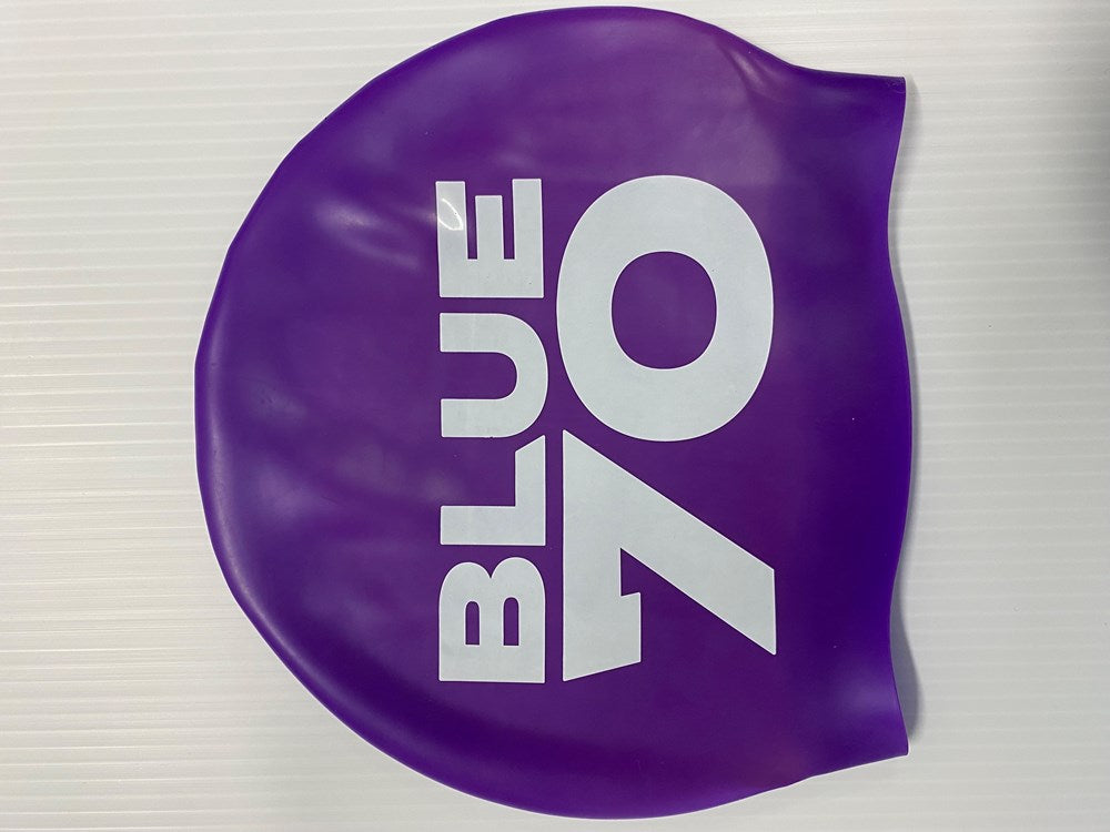 SILICONE SWIM CAP PURPLE 2022 LOGO BLUE70